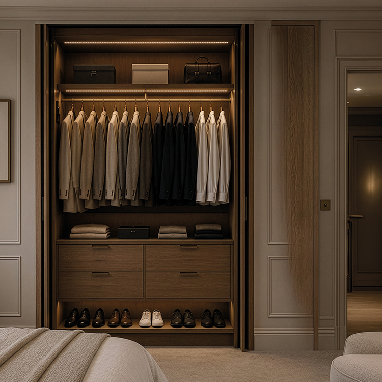 Pivora pivot pocket door concealing a minibar inside a small cabinet